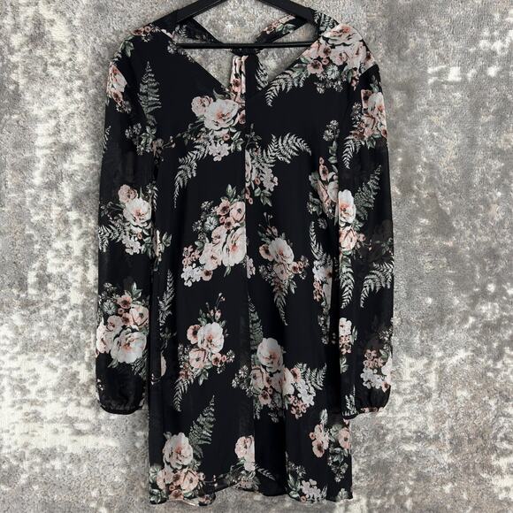 BCBGeneration Womens Size XS Floral Semi Sheer V Neck Blouse Black Pink Top - Picture 5 of 11